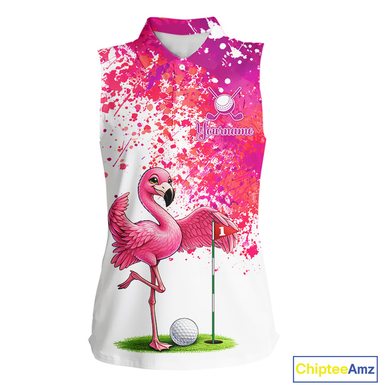 Funny Women Golf Sleeveless Polo Shirt Custom Winner Flamingo Pink Splatter Golf Clothing Shirts, Golf Gifts NYN2875