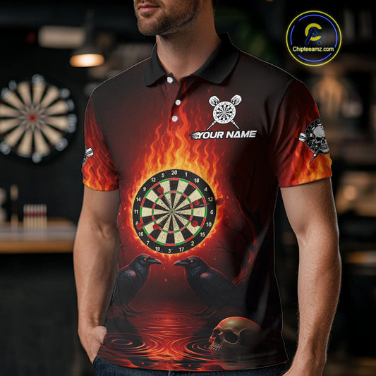 Custom Flames Dartboard Skull Dart Men Polo Jerseys Gothic Raven Dart Team Shirt NYN1706