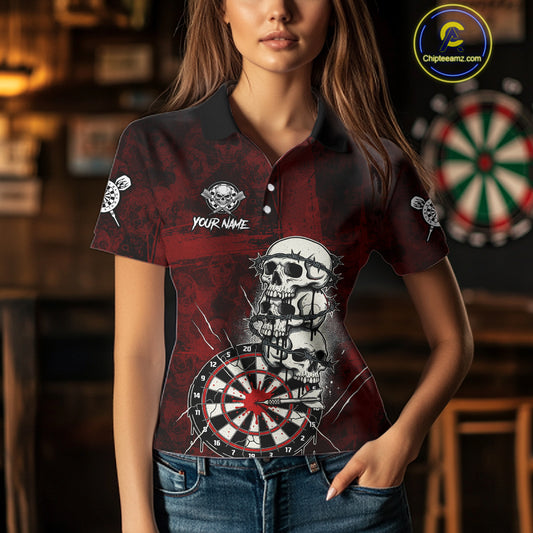 Custom Red Grunge Barbed Wire Grey Skull Dartboard Men Darts Polo Shirt Dart Jerseys NYN1977