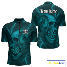 Load image into Gallery viewer, Custom Lightning Turquoise Grim Reaper Dartboard Men Dart 1/4-Zip Shirt Skull Dart Team Jersey NYN1446