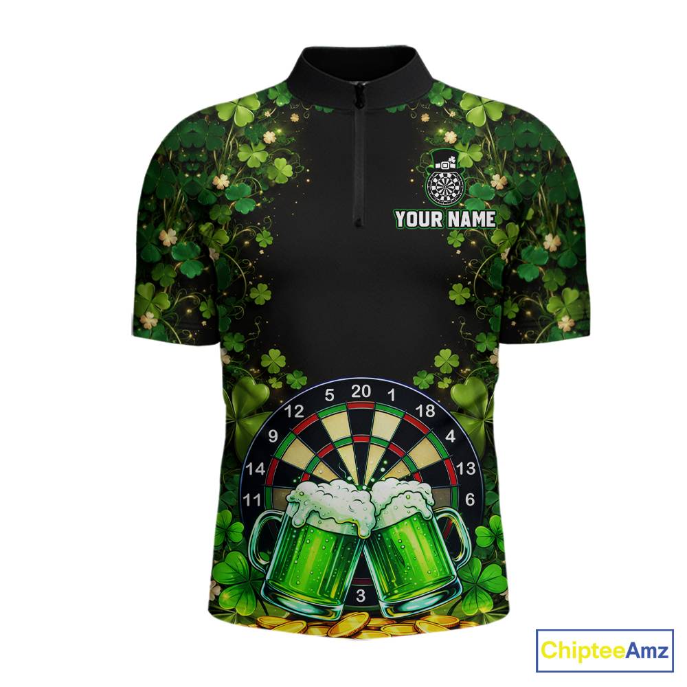 Cheer Beer & Play Dartboard Shamrock Men Darts Quarter-Zip Shirt Custom St Patrick's Day Darts Jersey NYN2534