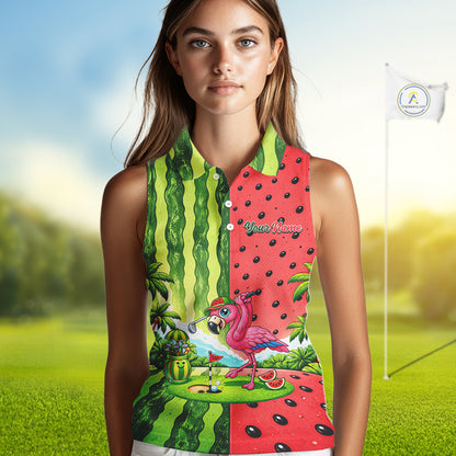 Flamingo Watermelon Sleeveless Polo Shirt Womens Golf Polo Shirts Custom Tropical Flamingo Golf Shirts NYN2878