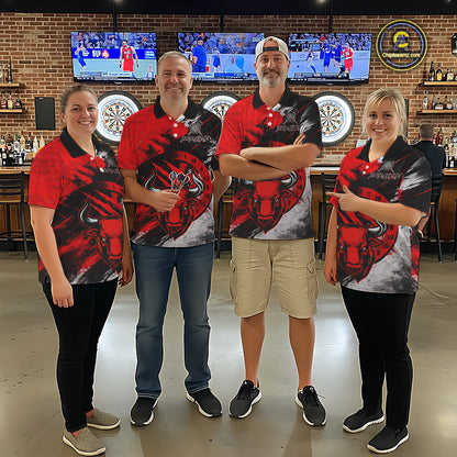 Custom Red Grunge Funny Bull Darts Polo & 1/4 Zip Shirt For Men Bull Darts Team Jerseys NYN2890