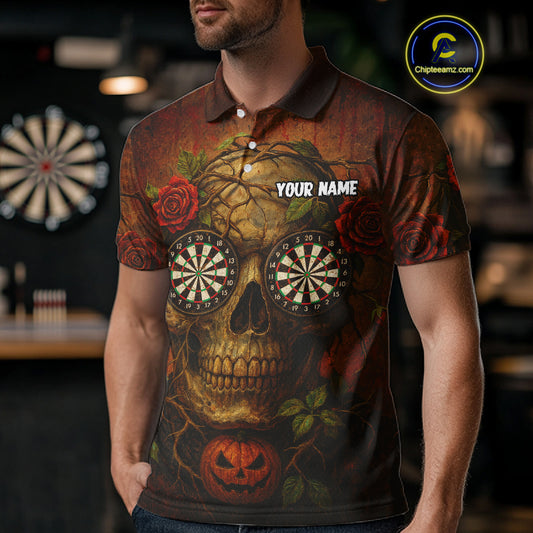 Custom Red Roses Skull Halloween Dart Polo Shirt For Men Grunge Dart Team Jersey NYN1474