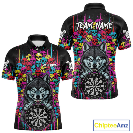 Multi-Color Skull Funny Wolf Dartboard Custom Darts Polo Shirt For Men Dart Team Gifts NYN2000
