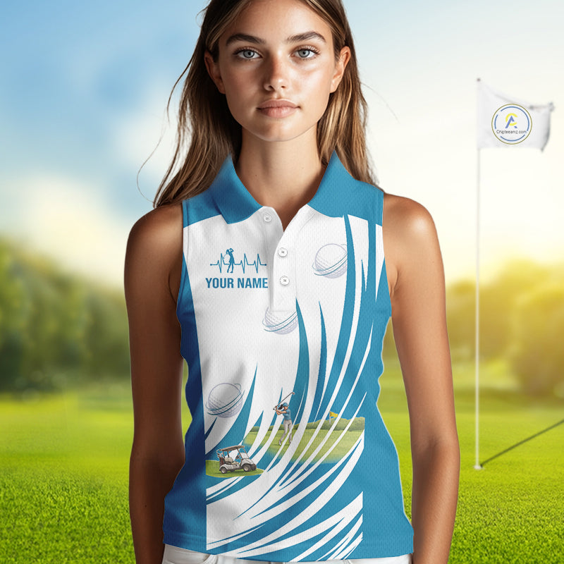 Women White And Blue Golf Shirts Sleeveless Golf Clothing Custom White Polo Golf Shirts, Gifts For The Golfer NYN2933