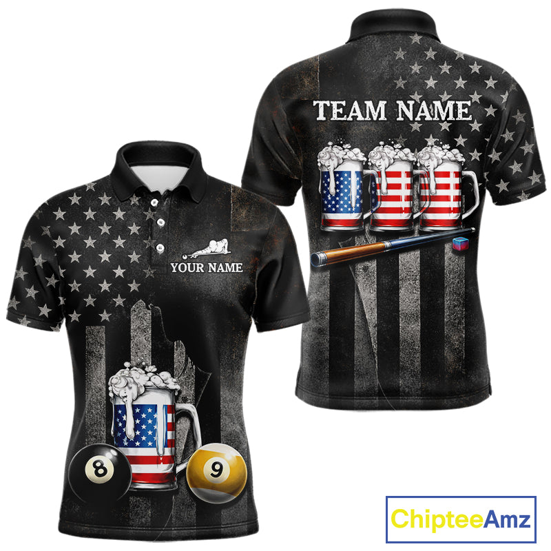Grunge US Flag Beer Pool 8 Ball & 9 Ball Men Billiard Shirt Custom Patriotic Billiard Team Attire NYN2560