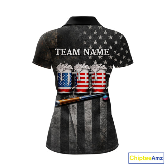 Grunge US Flag Beer Pool 8 Ball & 9 Ball Women's Billiard Shirt Custom Patriotic Billiard Team Attire NYN2560