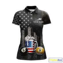 Load image into Gallery viewer, Grunge US Flag Beer Pool 8 Ball &amp; 9 Ball Women's Billiard Shirt Custom Patriotic Billiard Team Attire NYN2560