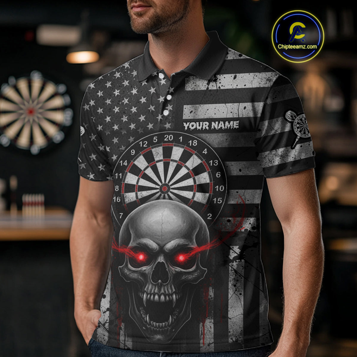 Grey American Flag Red Skull Custom Mens Polo Dart Shirt Grunge Patriotic Dart Jerseys NYN1768