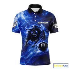 Load image into Gallery viewer, Thunder Lightning Blue Funny Bull 8 Ball Pool Men Billiard Shirt Custom Billiard Team Attire NYN2732