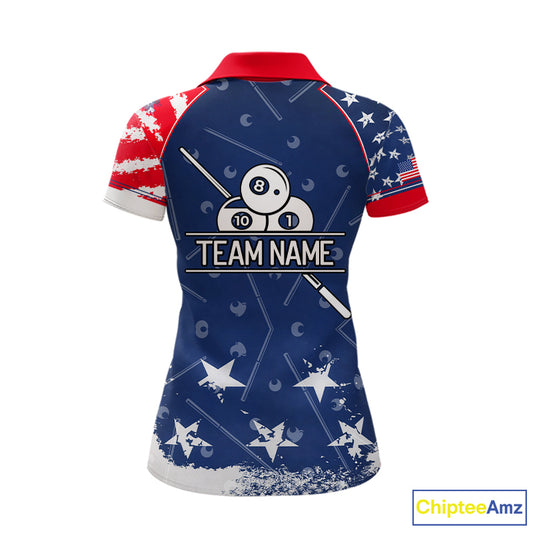 Blue Red Grunge US Flag 8 Ball Pool Women  Billiard Ball Cue Shirt Custom Patriotic Billiard Team Attire NYN2734