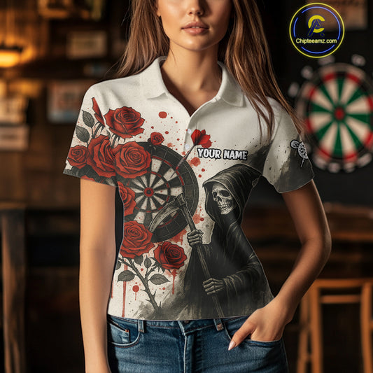 Custom Red Grunge Roses Grim Reaper Dartboard Dart Polo Shirt For Women Dart Team Jerseys NYN1546