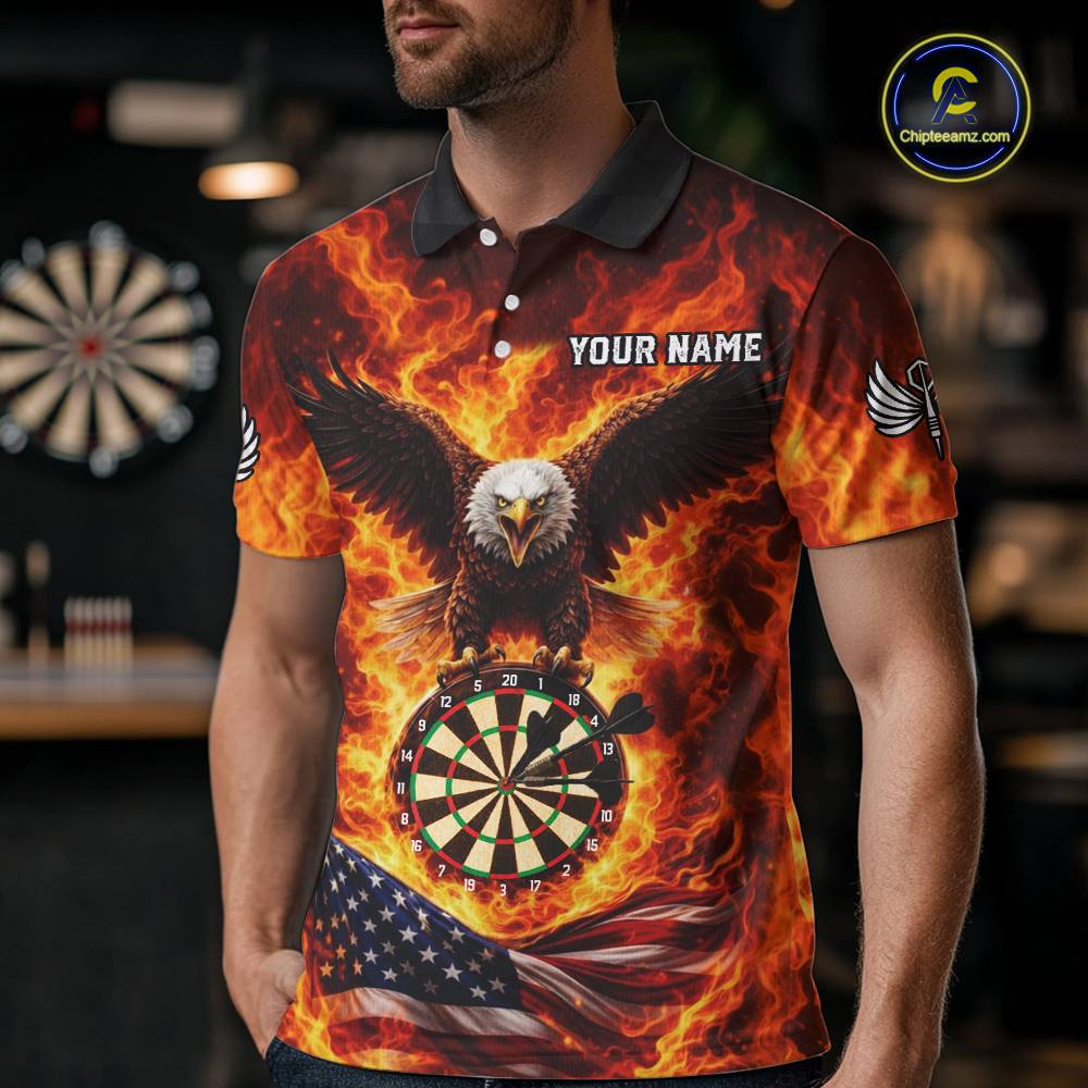 Personalized Eagle US Flag Fire Flame Dartboard Men Darts Polo Shirt Custom Darts Team Jersey|Red NYN2584