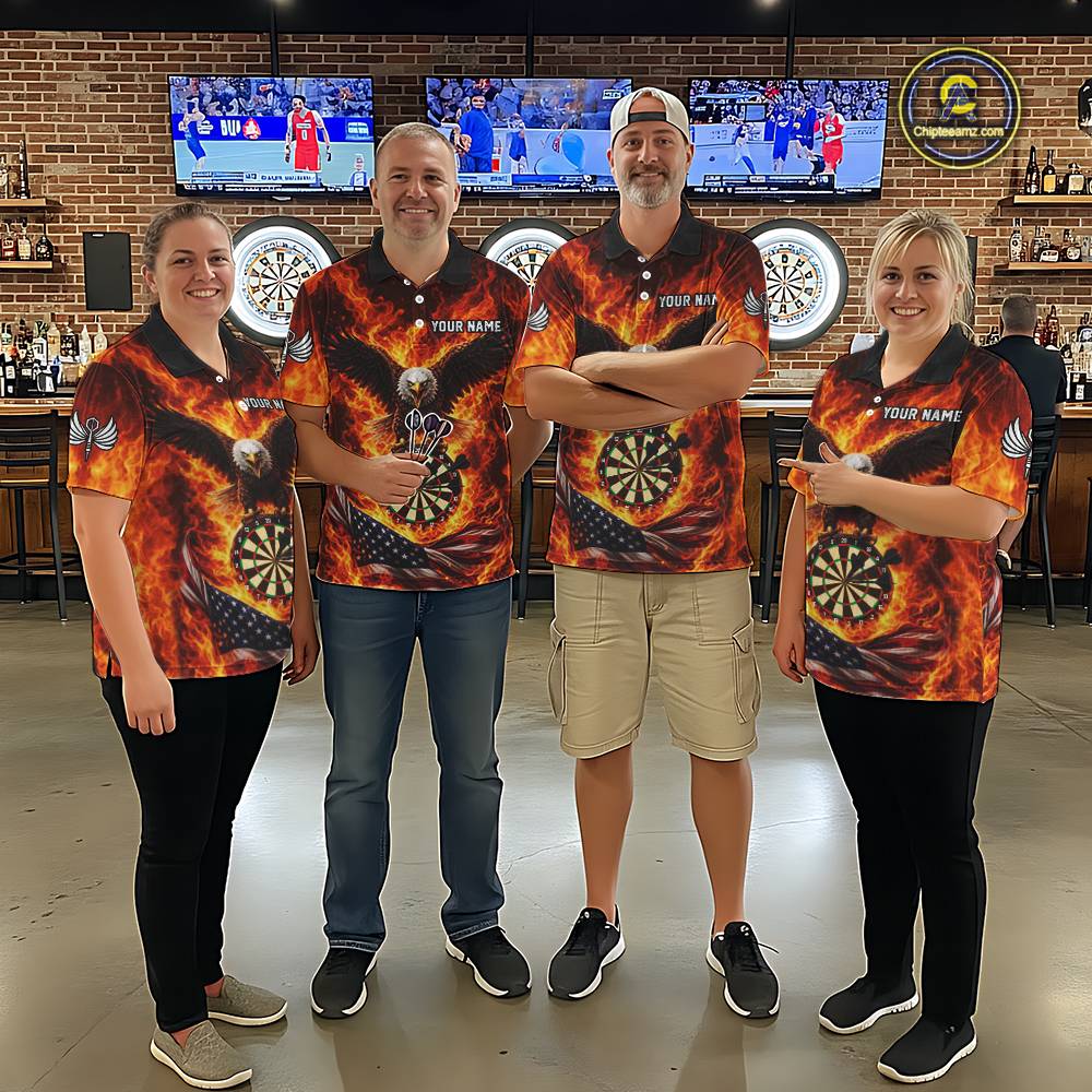 Personalized Eagle US Flag Fire Flame Dartboard Men Darts Polo Shirt Custom Darts Team Jersey|Red NYN2584