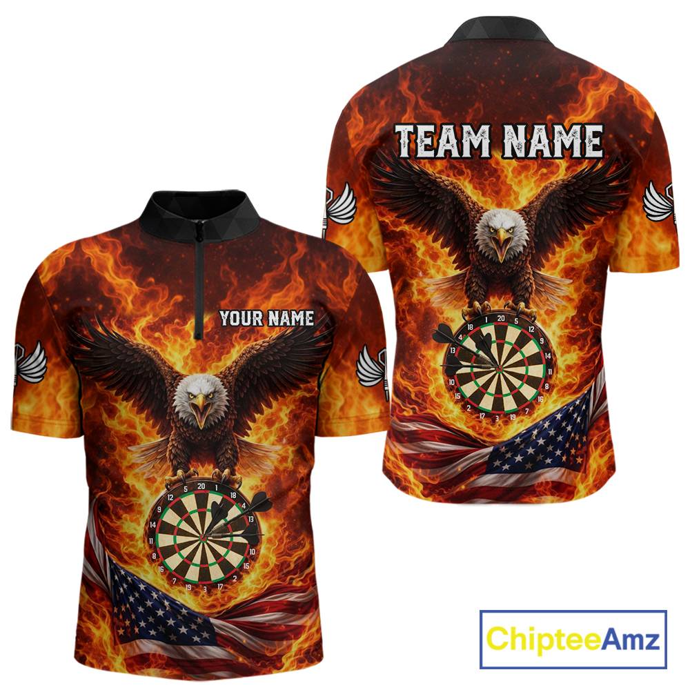 Personalized Eagle US Flag Fire Flame Dartboard Men Darts 1/4-Zip Shirt Custom Darts Team Jersey|Red NYN2584