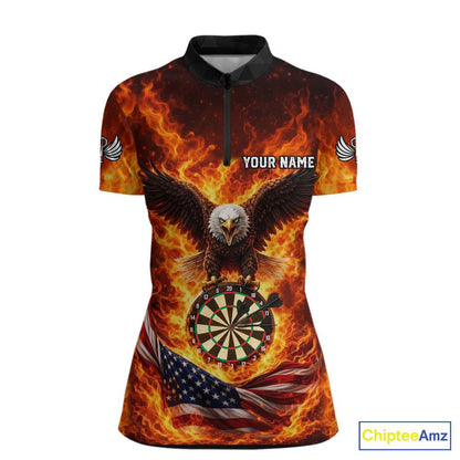 Personalized Eagle US Flag Fire Flame Dartboard Women Darts 1/4-Zip Shirt Custom Darts Team Jersey|Red NYN2584