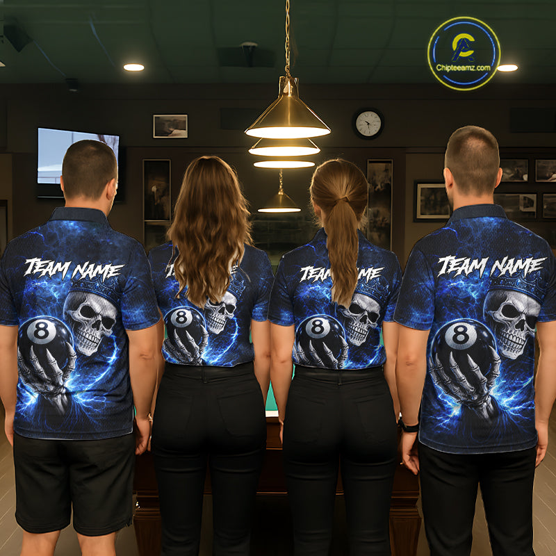 Blue Crown Skull Holding Thunder Pool 8 Ball Billiard Shirt For Women Custom Billiard Team Attire NYN2602
