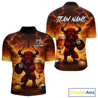 Yellow Lightning Funny Bull Pool 8 Ball Men Billiard Polo & 1/4-Zip Shirt Custom Billiard Attire NYN2606