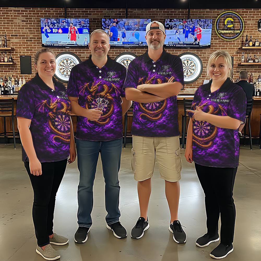 Gold Horror Dragon Hold Dartboard Men Darts Polo Shirt Custom Purple Grunge Darts Team Jersey NYN2609