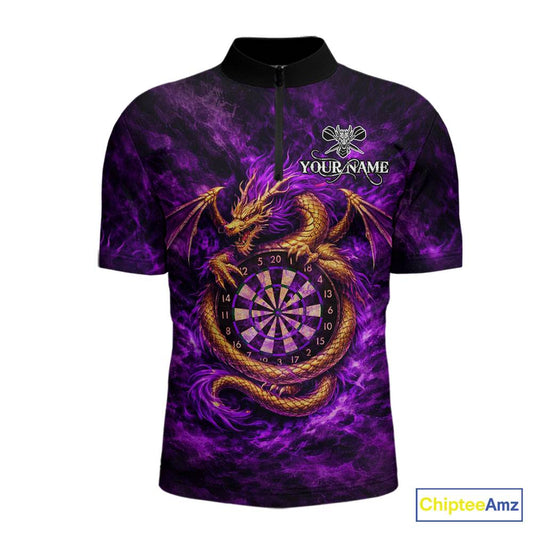 Gold Horror Dragon Hold Dartboard Women Darts Quarter-Zip Shirt Custom Purple Grunge Darts Team Jersey NYN2609