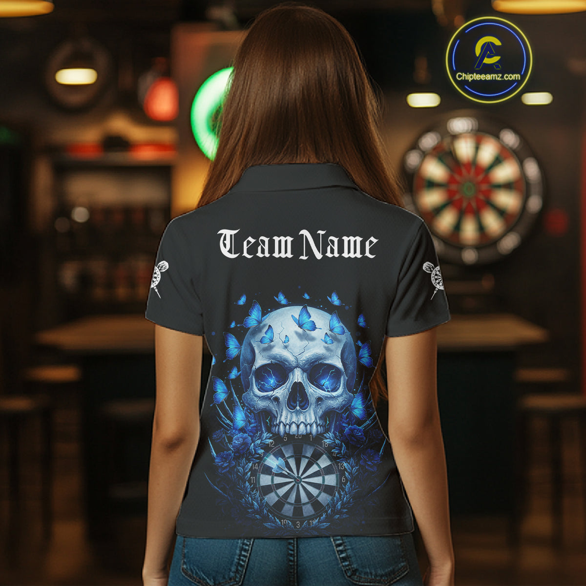 Custom Blue Butterflies Skull Head Flowers Dartboard Women Darts Polo Shirt, Dart Jerseys NYN1839