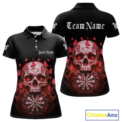 Custom Red Butterflies Skull Head Flowers Dartboard Women Darts Polo Shirt, Dart Jerseys NYN1841