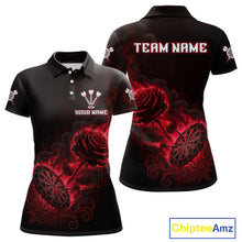 Load image into Gallery viewer, Custom Black And Red Flames Roses Dartboard Women Darts Polo Shirt, Dart Team Jerseys NYN1845