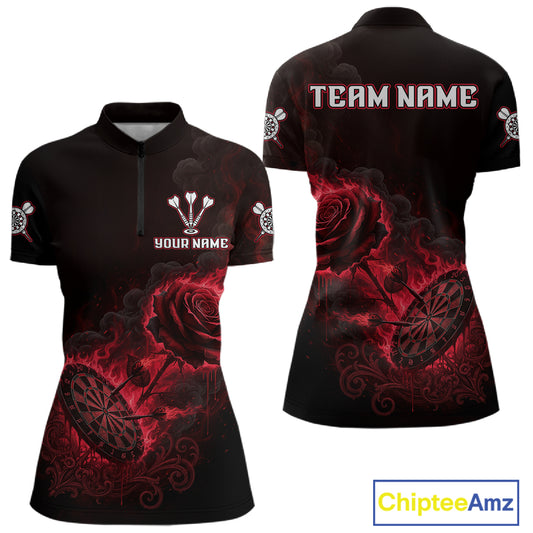 Custom Black And Red Flames Roses Dartboard Women Darts Quarter-Zip Shirt, Dart Team Jerseys NYN1845