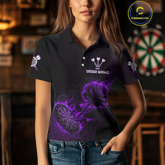 Custom Black And Purple Flames Roses Dartboard Women Darts Polo Shirt, Dart Team Jerseys NYN1847