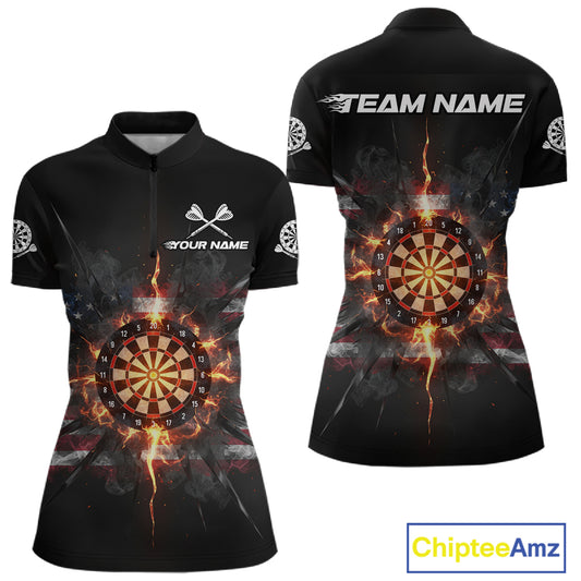 Smoke US Flag Fire Flame Dartboard Custom Women Darts Quarter-Zip Shirt Patriotic Dart Jerseys NYN1859