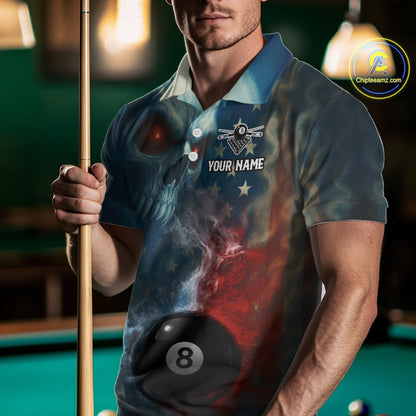 US Flag Smoke 8 Ball Men Billiard Polo & 1/4-Zip Shirt Custom Skull Pool Billiard Team Apparel NYN2383