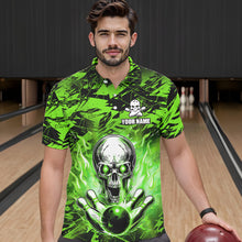 Load image into Gallery viewer, Personalized Green Flame Skull Bowling Jersey Camo Polo Bowling Team Shirt QZT670