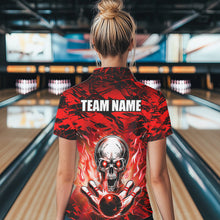 Load image into Gallery viewer, Personalized Red Flame Skull Bowling Jersey Camo Polo Bowling Team Shirt QZT670