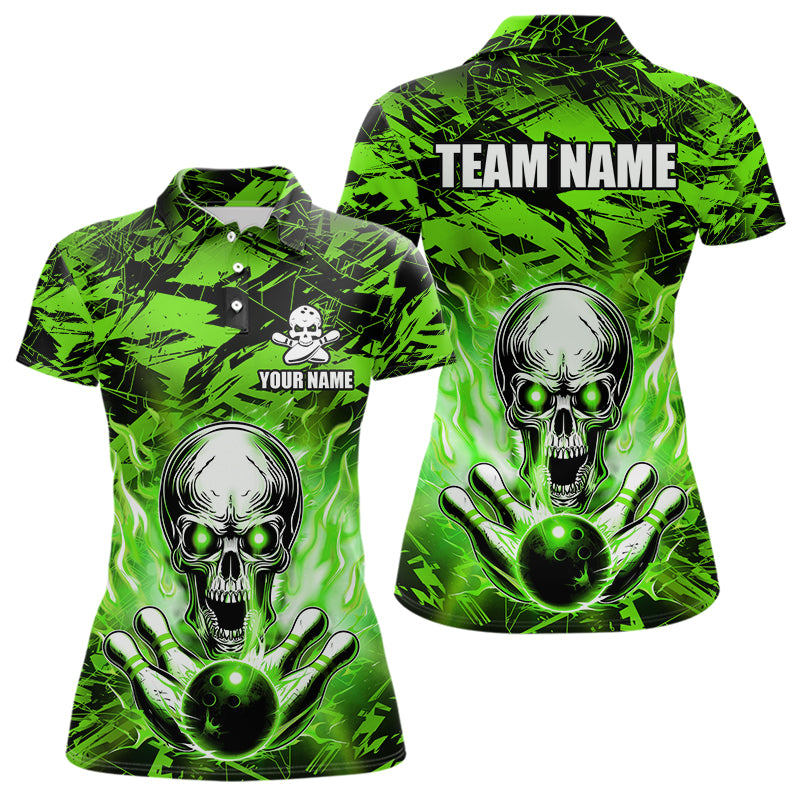 Personalized Green Flame Skull Bowling Jersey Camo Polo Bowling Team Shirt QZT670