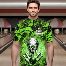 Load image into Gallery viewer, Personalized Green Flame Skull Bowling Jersey Camo Quarter-Zip Bowling Team Shirt QZT670