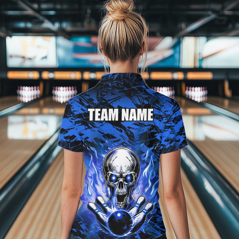 Personalized Blue Flame Skull Bowling Jersey Camo Quarter-Zip Bowling Team Shirt QZT670