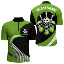 Load image into Gallery viewer, Custom Green Skull Bowling Shirt Quarter-Zip Bowling Jersey for Men Women Bowling Outfit QZT671