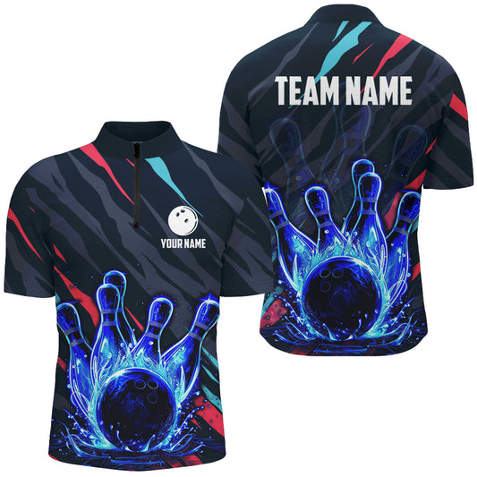 Custom Blue Light Neon Bowling Shirt Men Water Bowling Team Jersey 1/4 Zip QZT475