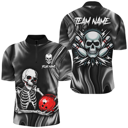 A black quatter-zip shirt with a bowling-themed graphic that includes the text 'YOURNAME' and 'TEAM NAME' and a skull holding bowling ball, front and back view mockup, designed for men.