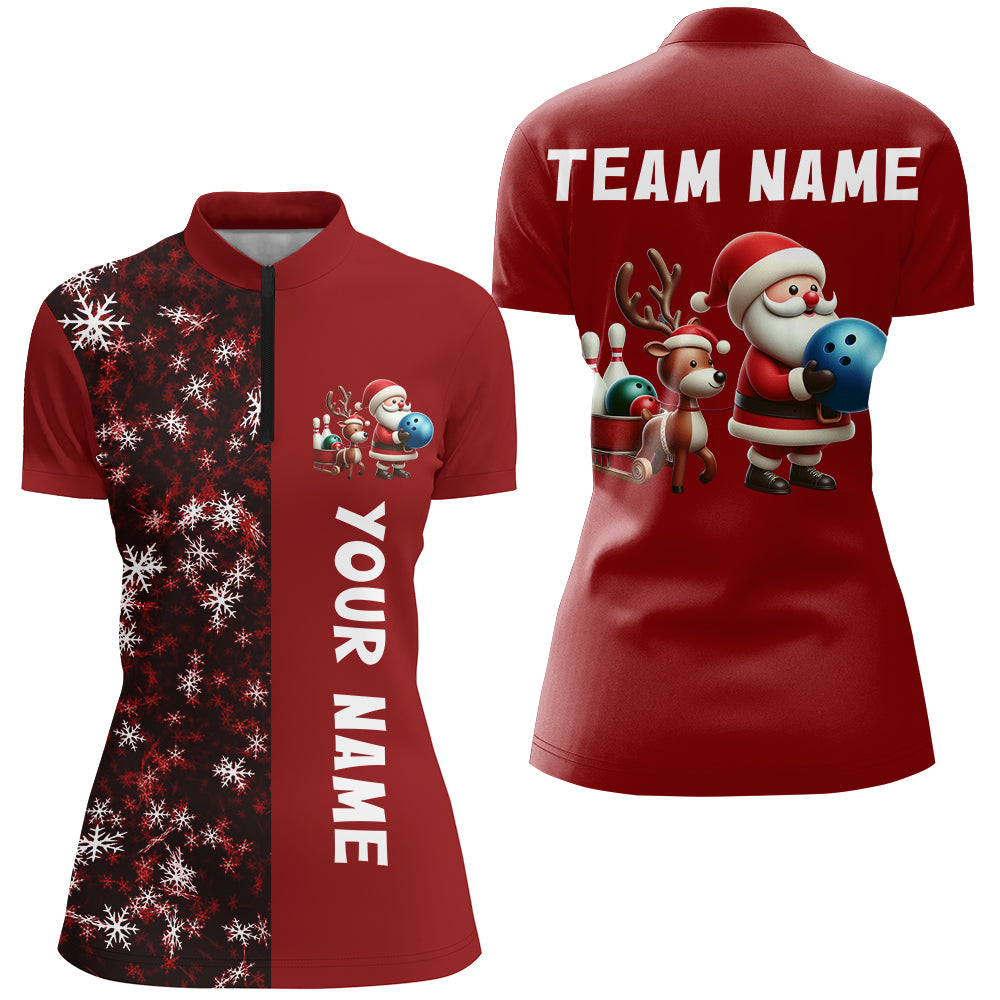 Custom Santa Christmas Bowling Shirt for Women Bowling Team Quarter Zip Bowling Bowlers Gift QZT489