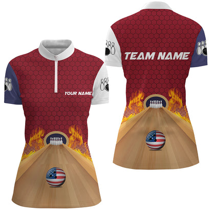 Personalized Bowling Shirt with Name Quarter-Zip Bowling Jersey for Women Flame Bowling Shirt Unisex QZT286