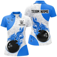 Load image into Gallery viewer, Bowling team shirt with flames and a bowling ball design on a white background