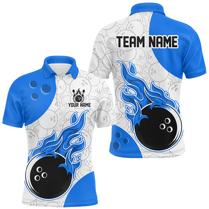 An blue and white bowling shirt with a personalized text and logo, featuring a flame graphic design.