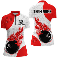 Load image into Gallery viewer, Red, white, and black bowling jersey with flame design on a white background