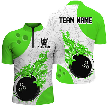 Bowlling jersey with green flames and customizable text on a white background