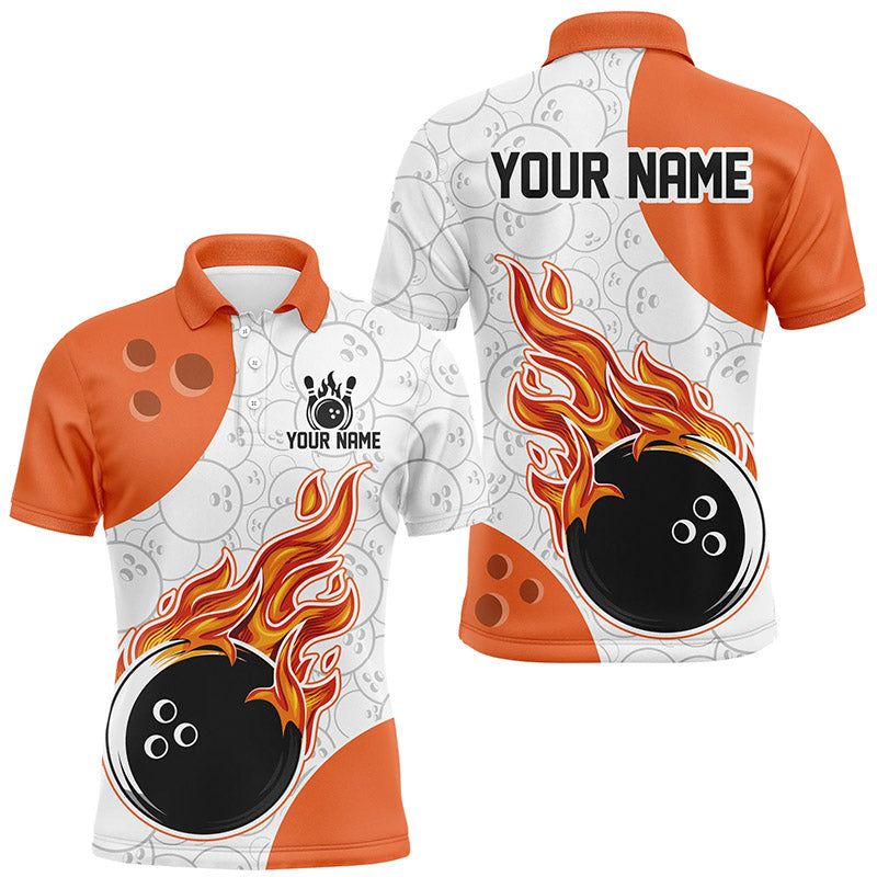 An orange and white flames bowling shirt with a personalized text and logo, featuring a flame graphic design.