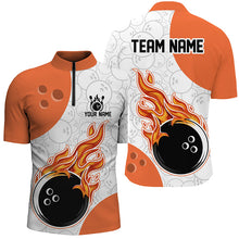 Load image into Gallery viewer, Bowling jersey with flames and customizable text on a white background
