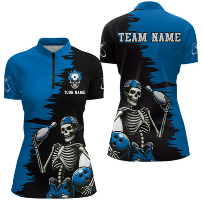 Personalized Skeleton Bowling Shirt for Women Skull Bowling Jersey Quarter Zip Bowling Shirt QZT407