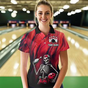 Black & Red Bowling Team Shirt Custom Skull Polo Bowling Jersey for Men Women QZT605